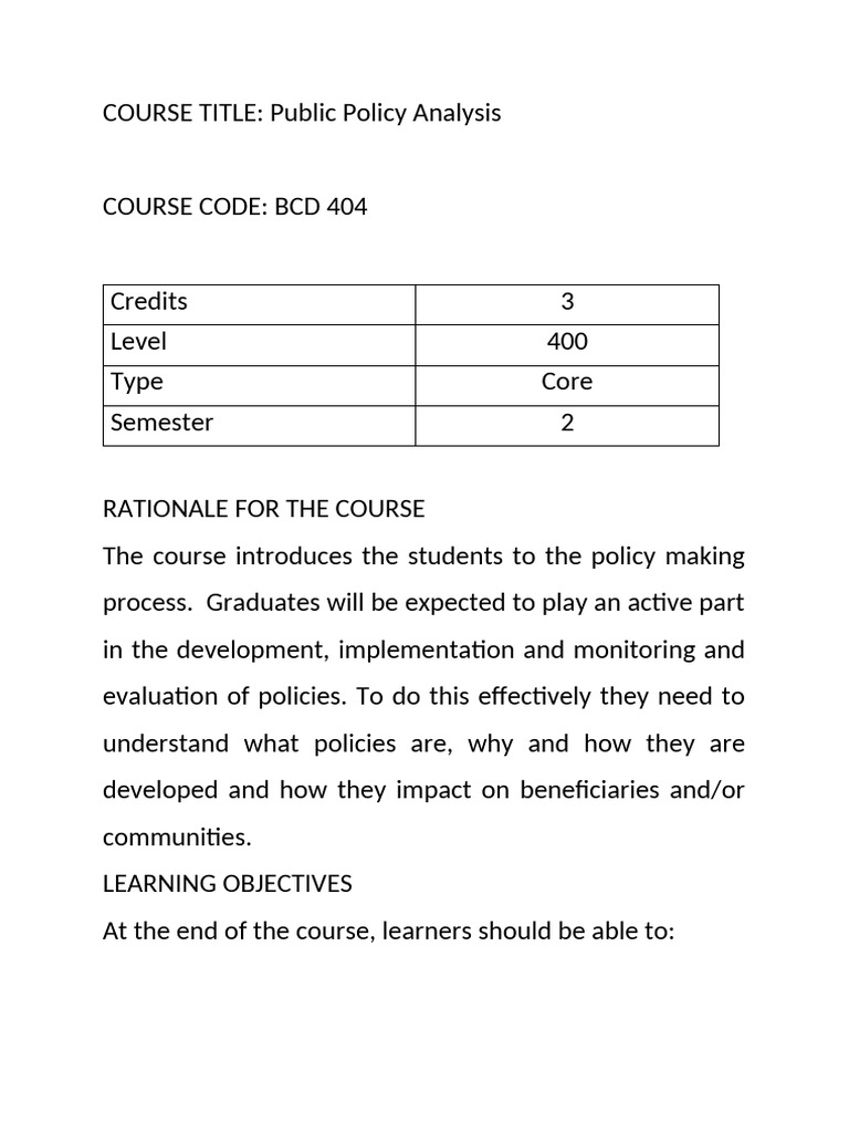 Public Policy Analysis Course Overview | PDF | Policy | Policy Analysis