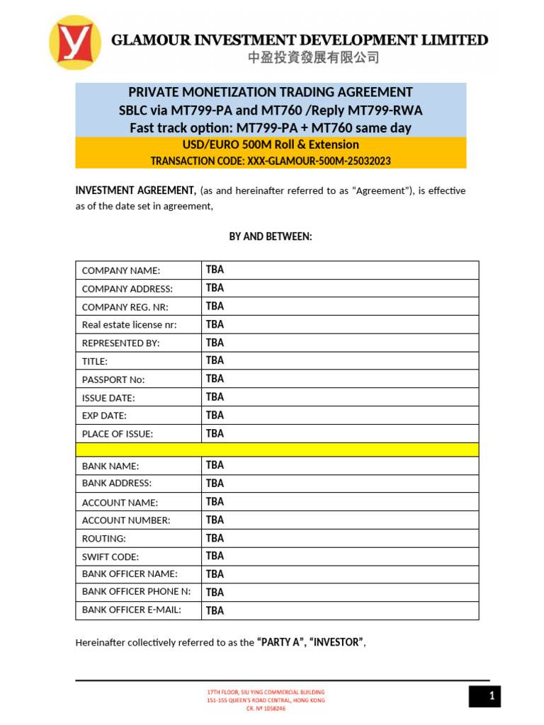 SBLC Monetization Agreement Overview | PDF | Letter Of Credit | Banks