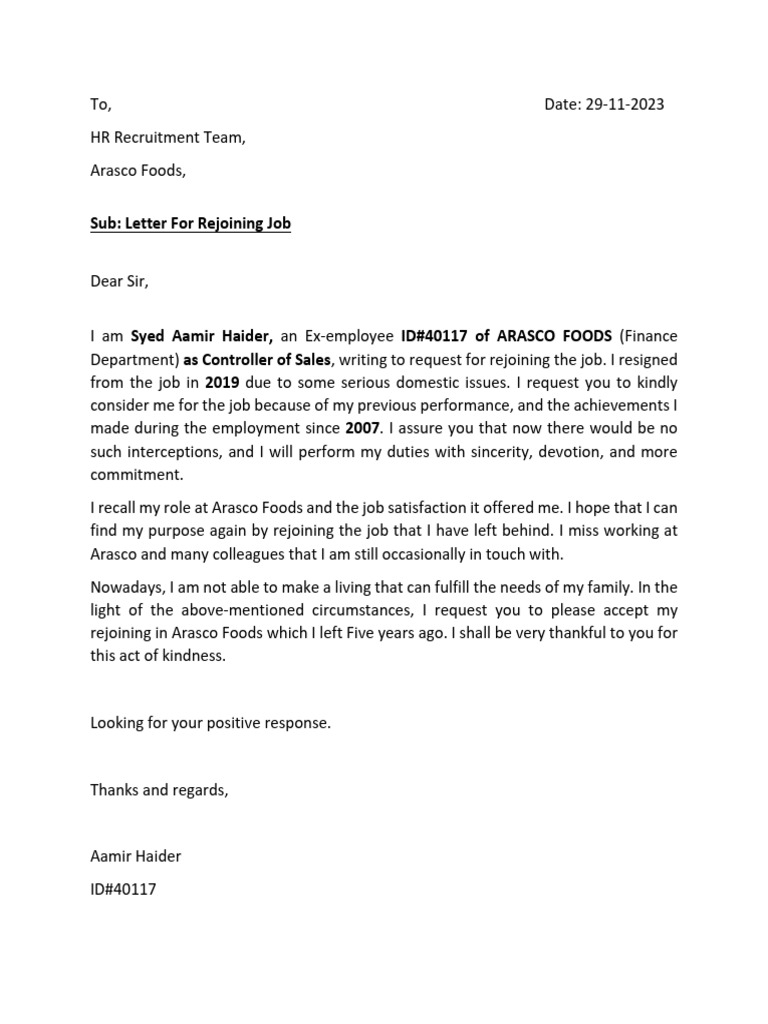 Re-Joining Cover Letter ID#40117 | PDF