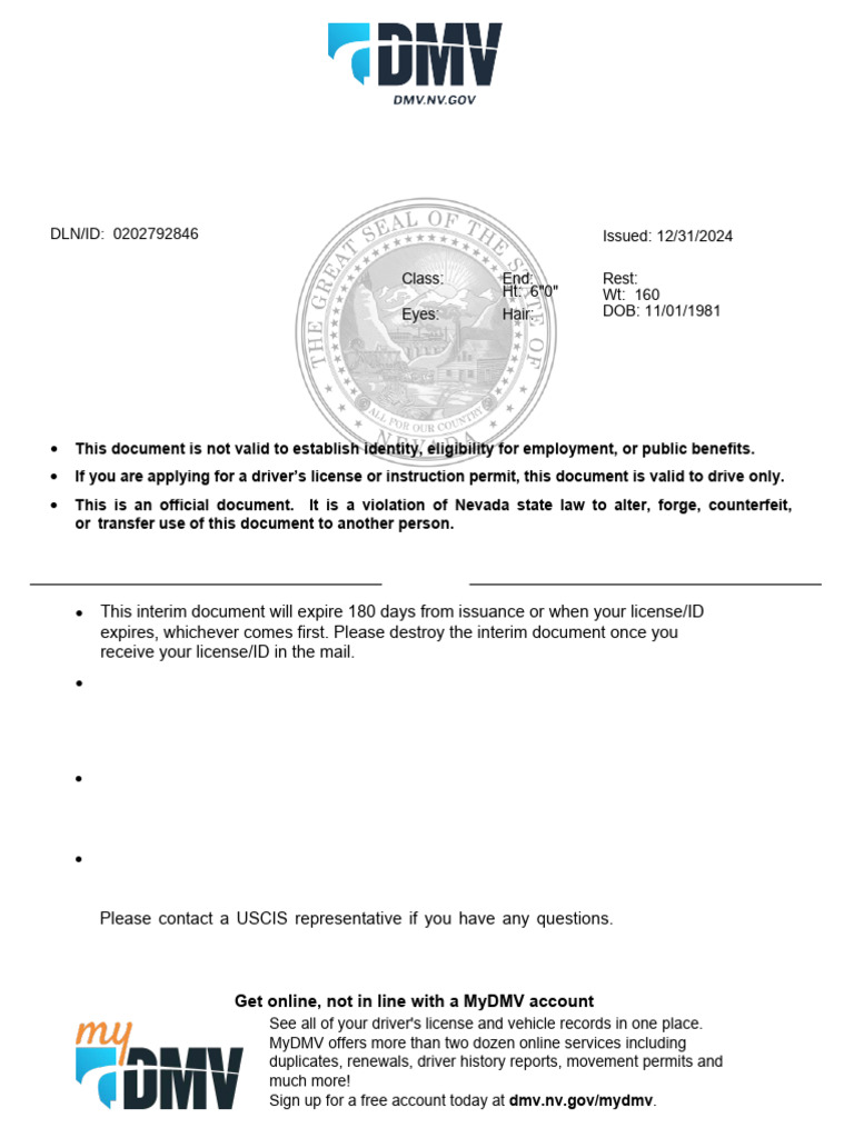 Nevada DMV Interim License Document | PDF | Driver's License ...