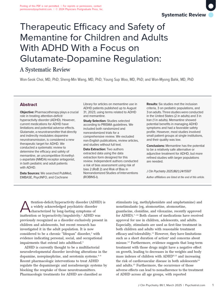 Efficacy Safety Memantine Children Adults ADHD Glutamate Dopamine ...