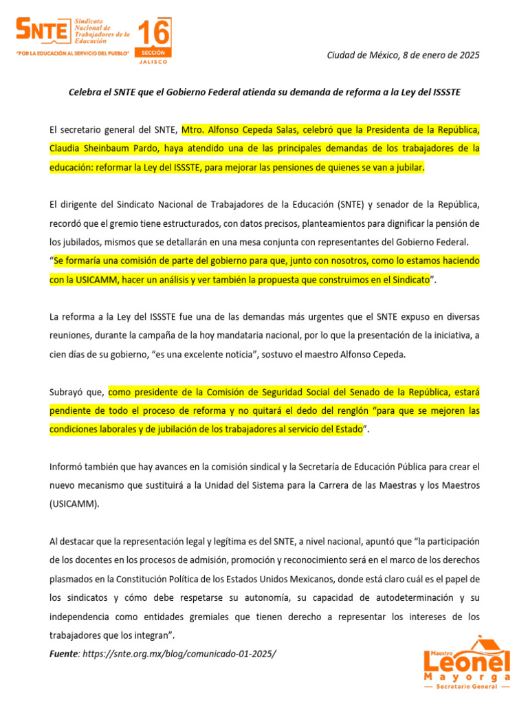 SNTE celebra reforma a la Ley del ISSSTE | PDF