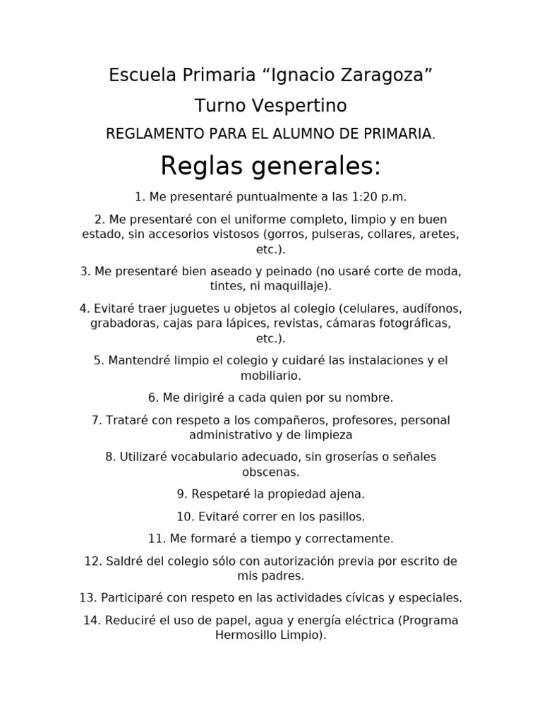 Reglamento Escolar Primaria Ignacio Zaragoza | PDF