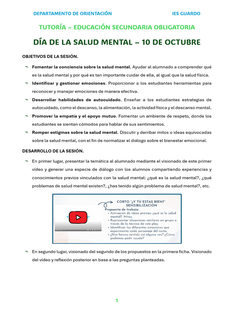 Día de la Salud Mental en Secundaria | PDF | Salud mental | Las emociones