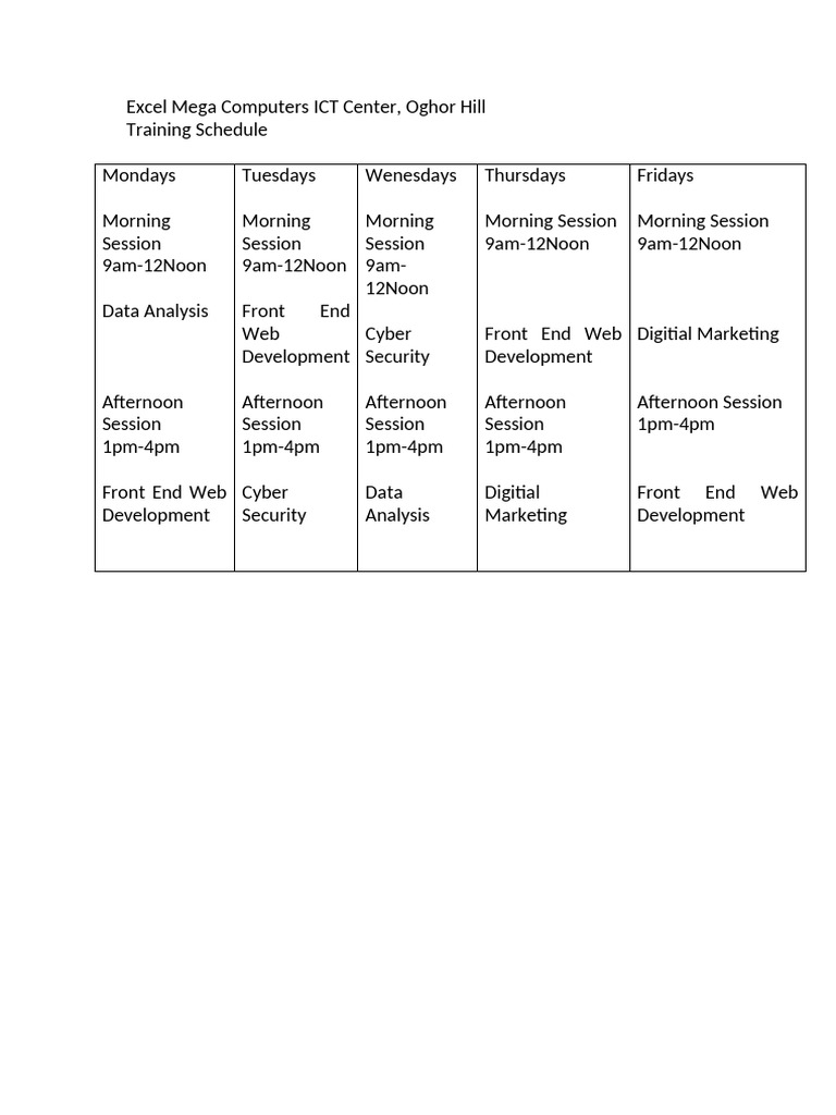 ICT Training Schedule at Excel Mega Computers | PDF