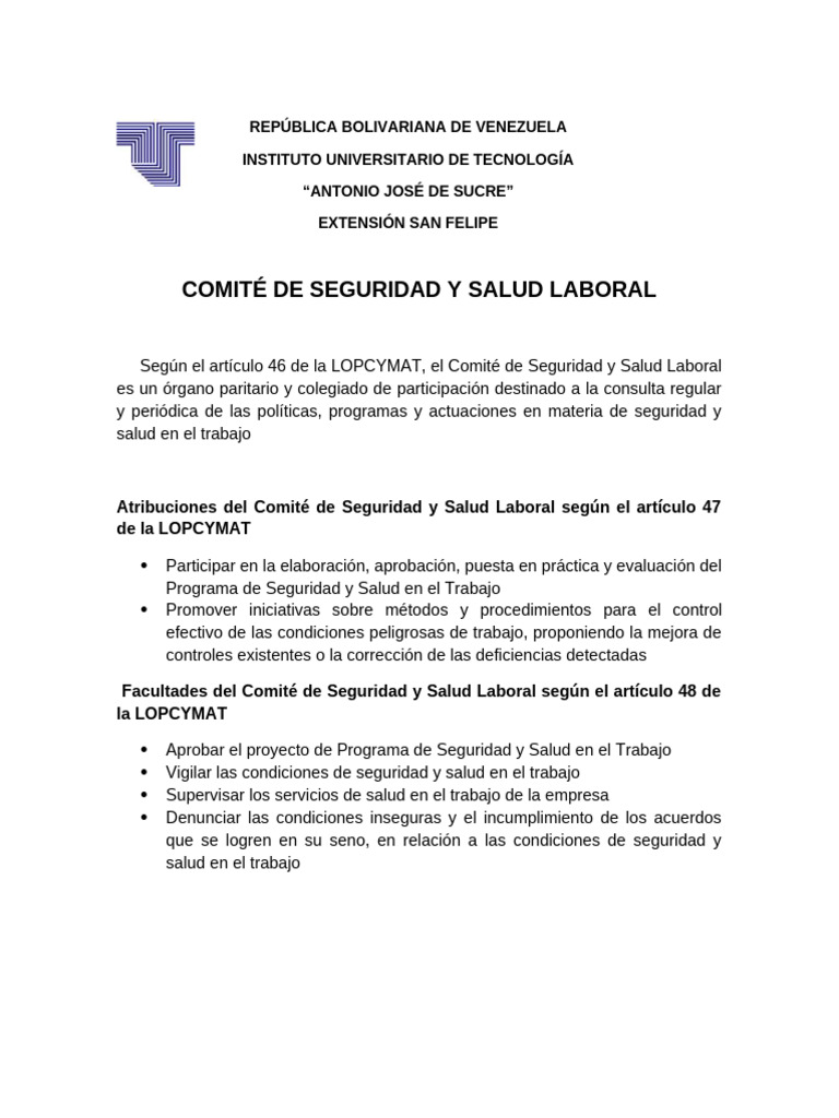 Comite de Higiene Salud y Seguridad Laboral | PDF | Seguridad y salud ...