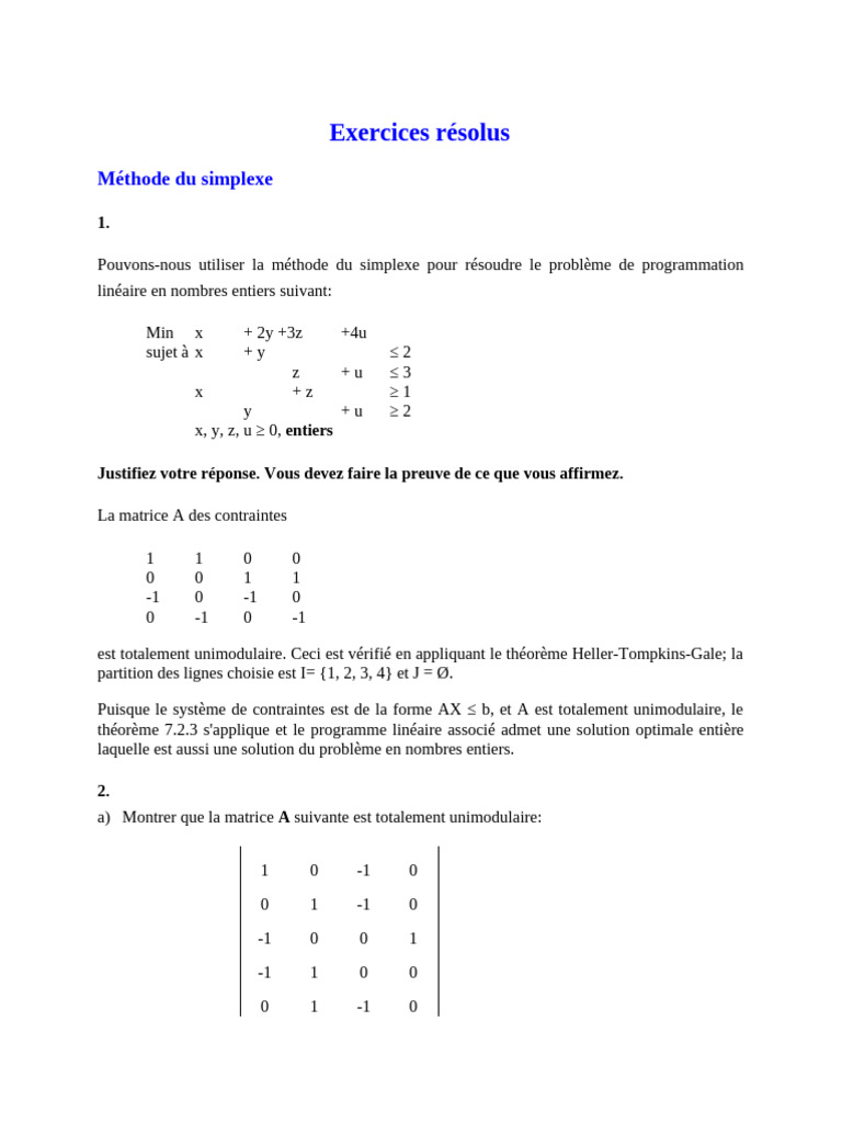 Exercices résolus sur la méthode du simplexe | PDF | Optimisation ...