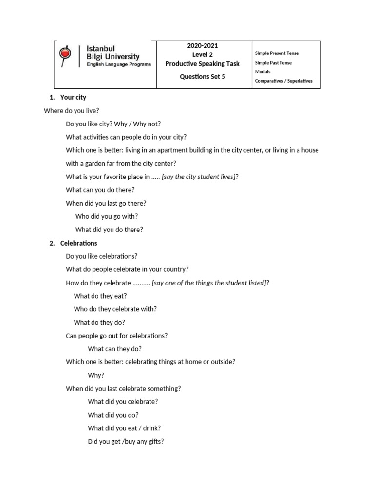 Engaging Speaking Questions for Students | PDF
