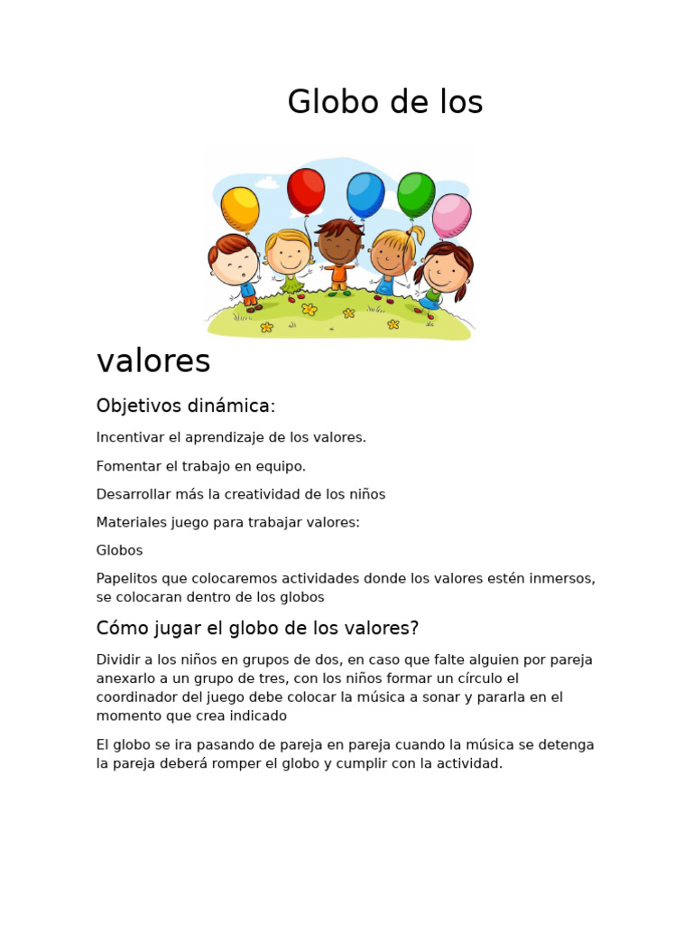 Juego del Globo de Valores para Niños | PDF