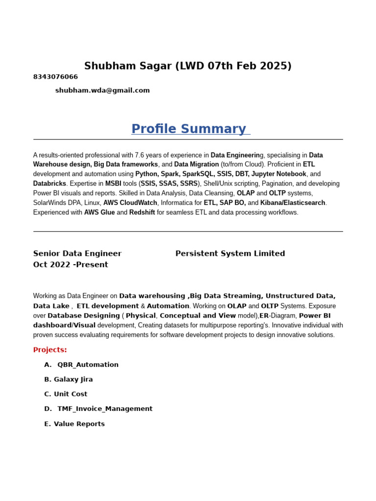 Senior Data Engineer Profile Summary | PDF | Databases | Sql