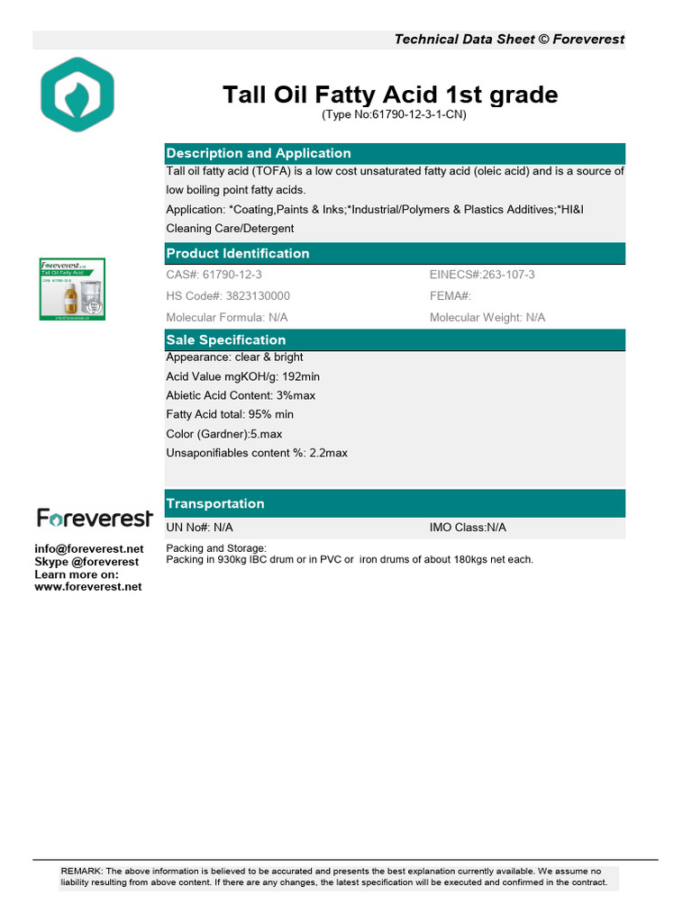 Technical Data on Tall Oil Fatty Acid | PDF