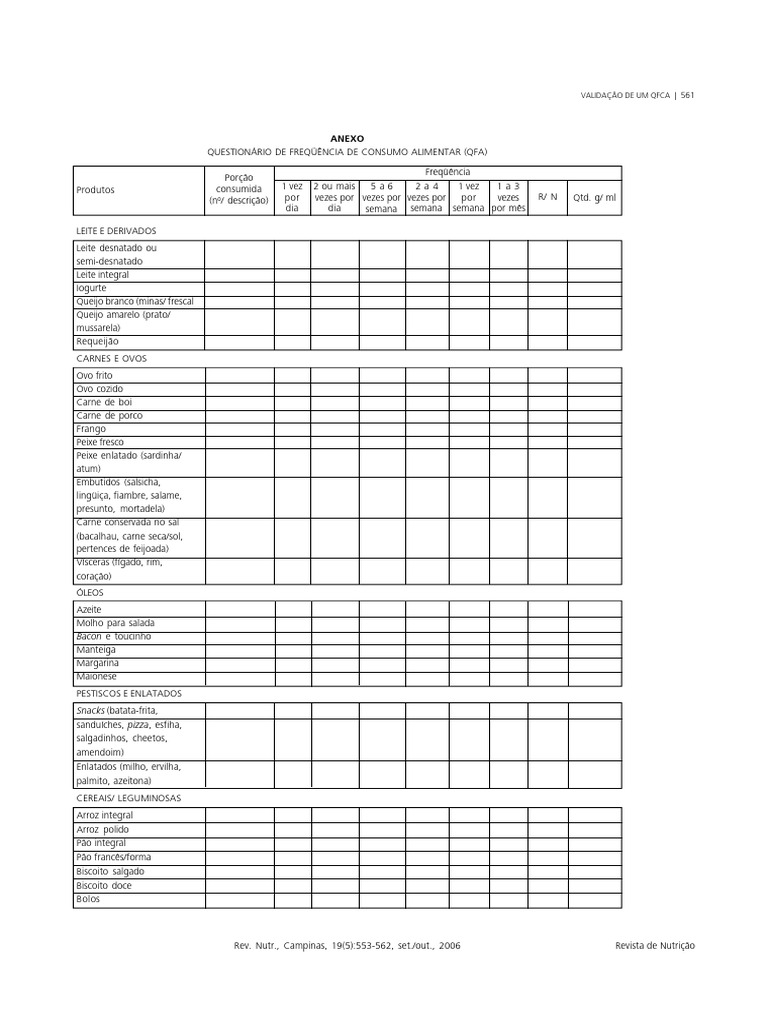 Questionário de Consumo Alimentar QFCA | PDF | Carne | Alimentos