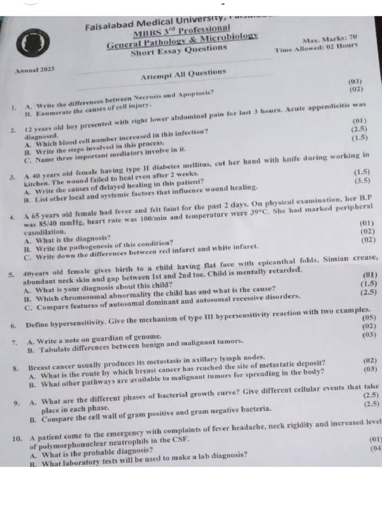 FMU Annual Proff. SEQ Papers 2022-23 For 3rd Year | PDF