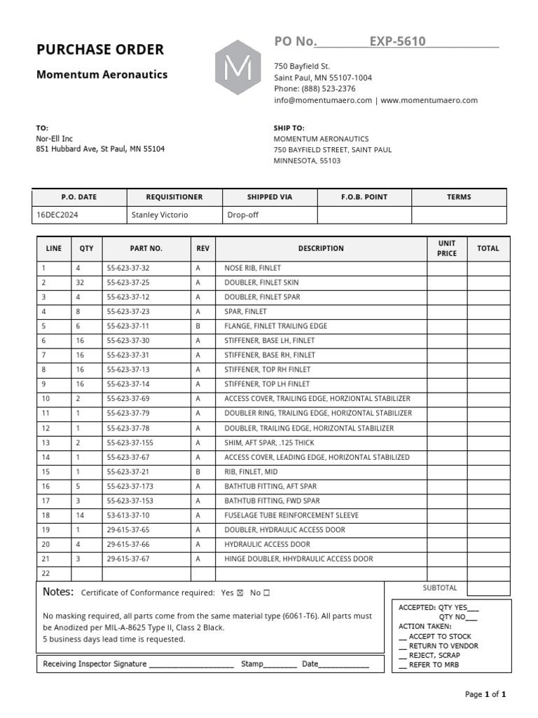 Momentum Aeronautics Purchase Order | PDF | Aircraft Configurations ...