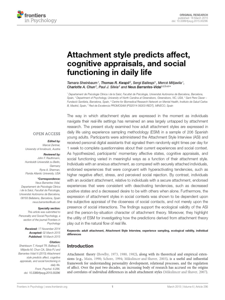 Fpsyg 06 00296 | PDF | Attachment Theory | Affect (Psychology)