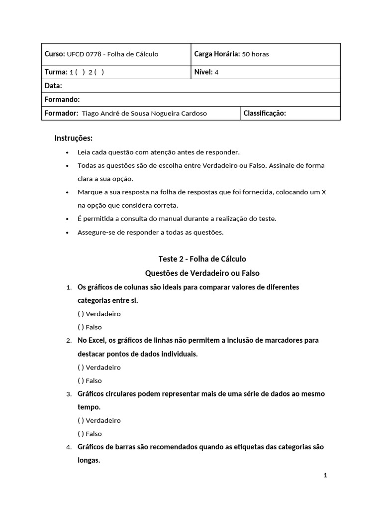 Teste 2 - UFCD 0778 - Folha de CÃ¡lculo | PDF | Função (Matemática ...