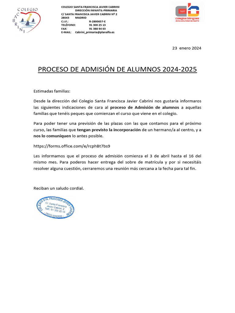 Proceso de Admisión 2024-2025 en Cabrini | PDF