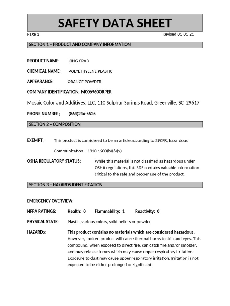 King Crab Polyethylene Safety Data Sheet | PDF | Toxicity | Personal ...