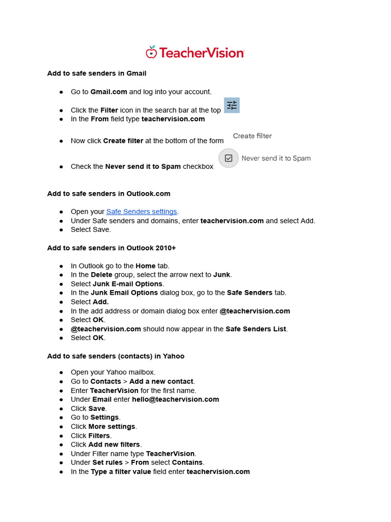 Add TeacherVision to Safe Senders List | PDF