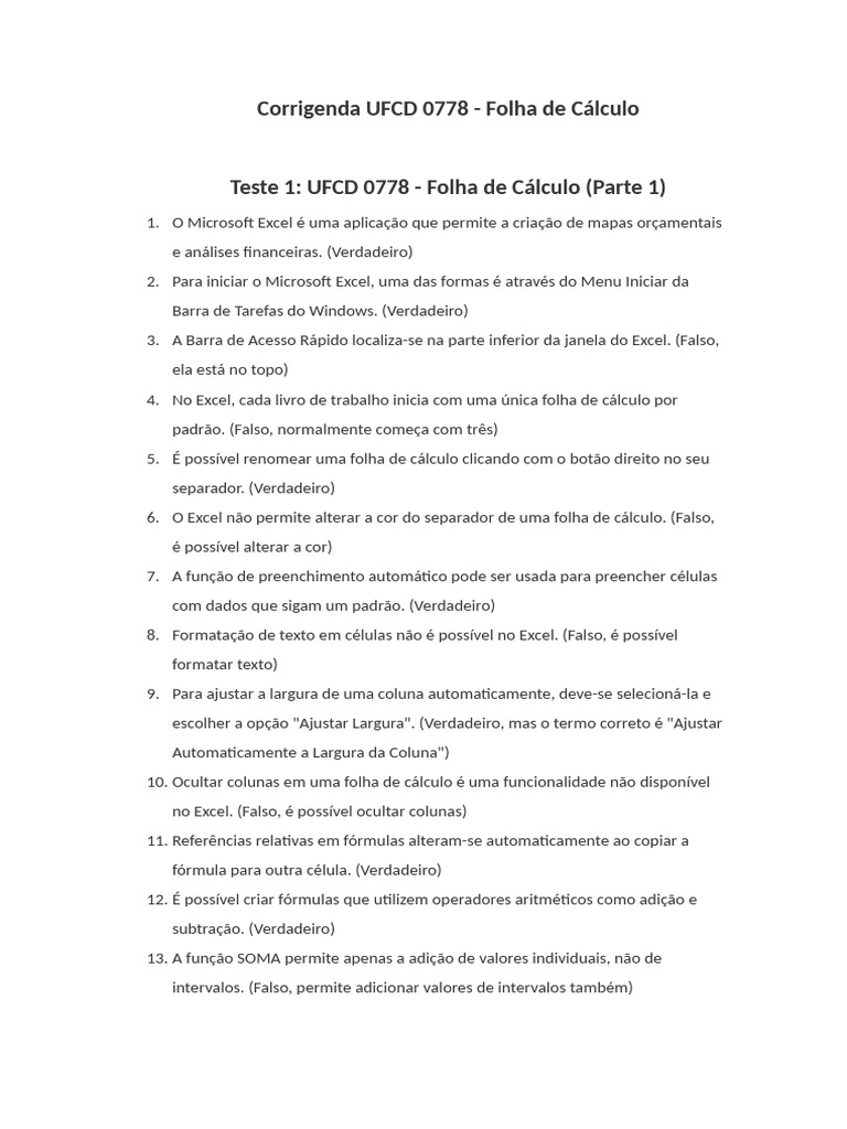 Corrigenda UFCD 0778: Excel e Gráficos | PDF | Microsoft Excel | Função ...