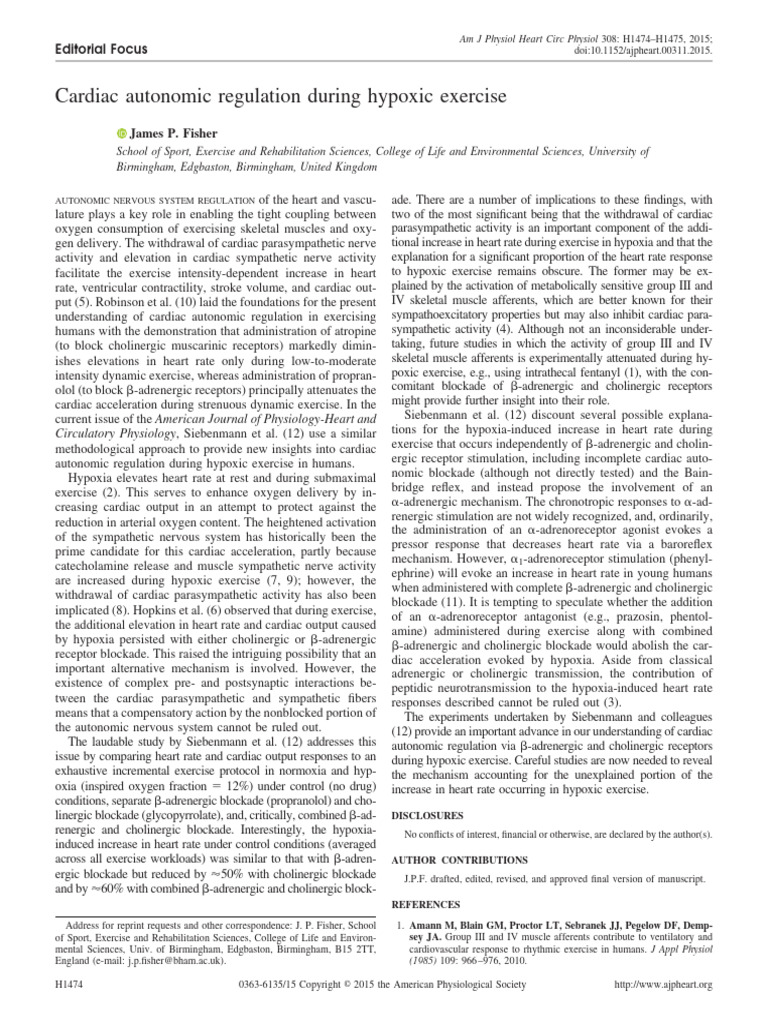 Fisher 2015 Cardiac Autonomic Regulation During Hypoxic Exercise | PDF ...