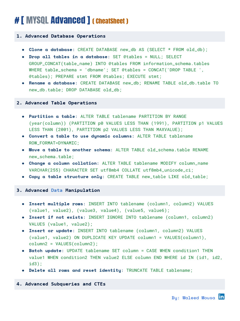 MYSQL Advanced CheatSheet 1731972686 | PDF | User (Computing) | Data ...