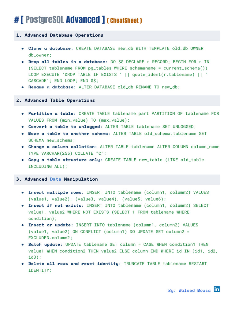 PostgreSQL Advanced Cheat Sheet Guide | PDF | Cache (Computing) | Databases