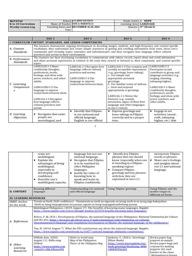 Grade 1 Language Lesson Plan | PDF | Multilingualism | Vocabulary