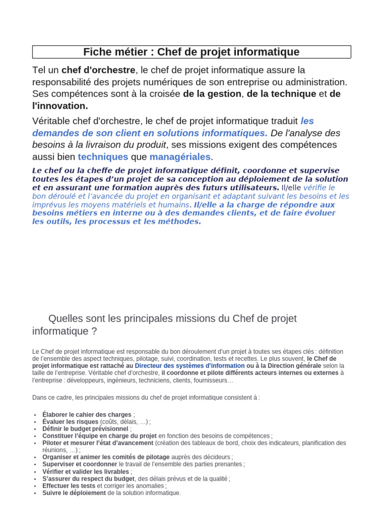 Fiche métier : Chef de projet informatique | PDF | Chef de projet ...