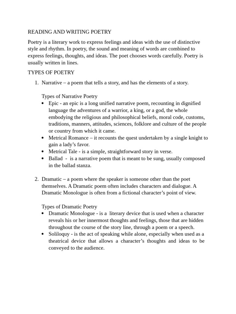 Poetry Types and Techniques Guide | PDF | Poetry | Narrative