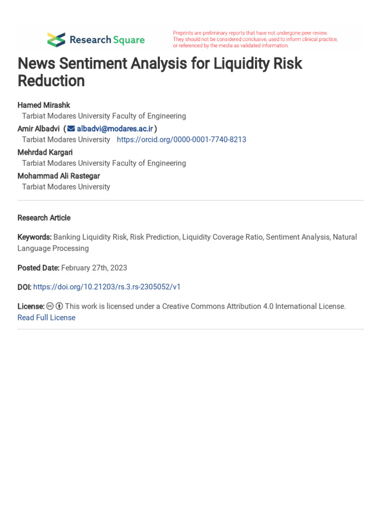 News Sentiment Analysis For Liquidity Risk | PDF | Risk | Basel Iii