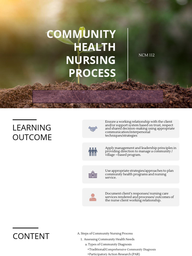 Community Health Nursing Process Guide | PDF | Sanitation | Evaluation