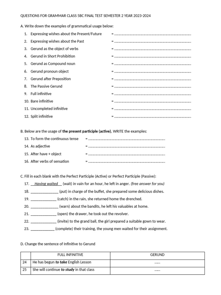 GRAMMAR CLASS 5BC FINAL TEST SEMESTER 2 YEAR 2024 | PDF | Perfect ...