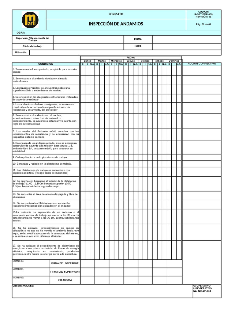 R SST BMR 009 Check List Andamios | PDF | Andamio