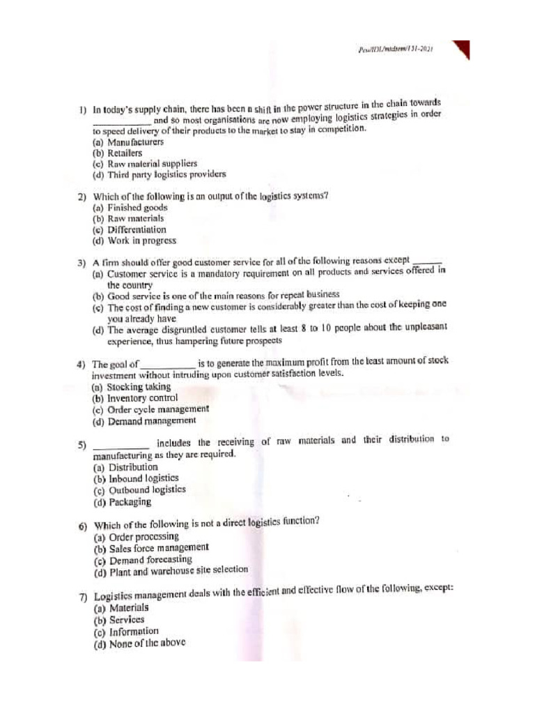 Past Question For Logistics Semester 2 | PDF