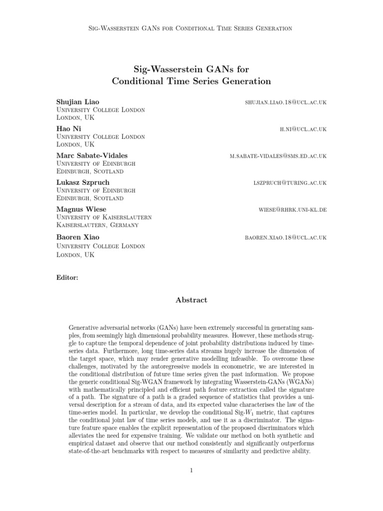 Sig-Wasserstein GANs for Time Series | PDF | Time Series | Tensor