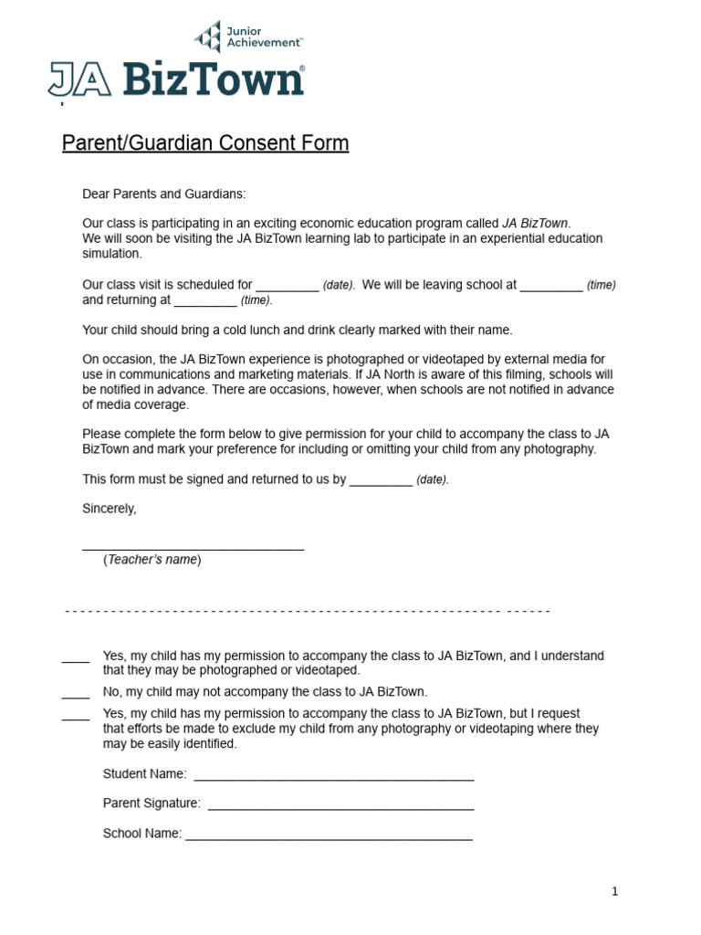JA BizTown Consent Form for Parents | PDF