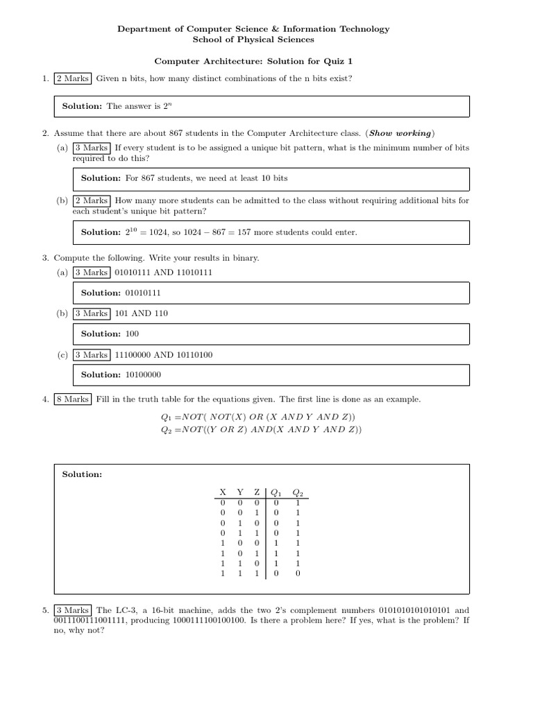 Quiz 1 2020 and Solution To Quiz 1 | PDF | Bit | Mathematics