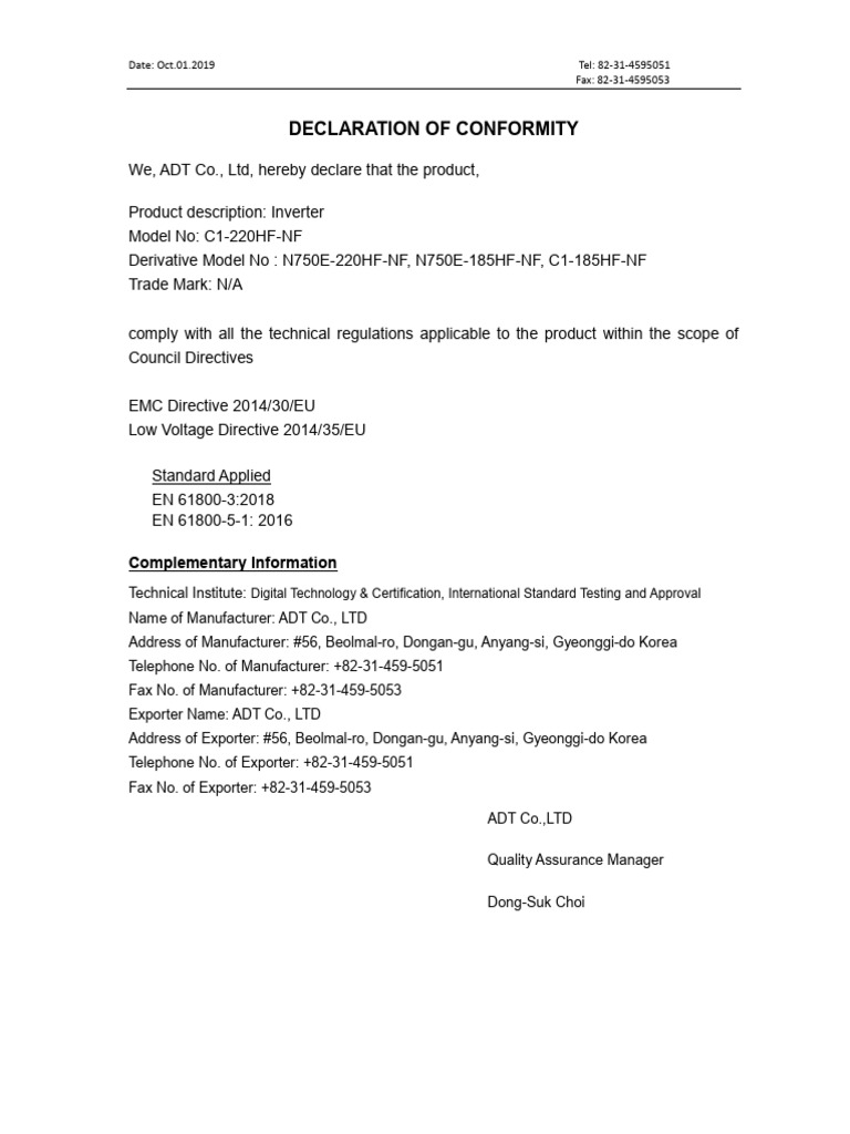 Inverter Compliance Declaration | PDF