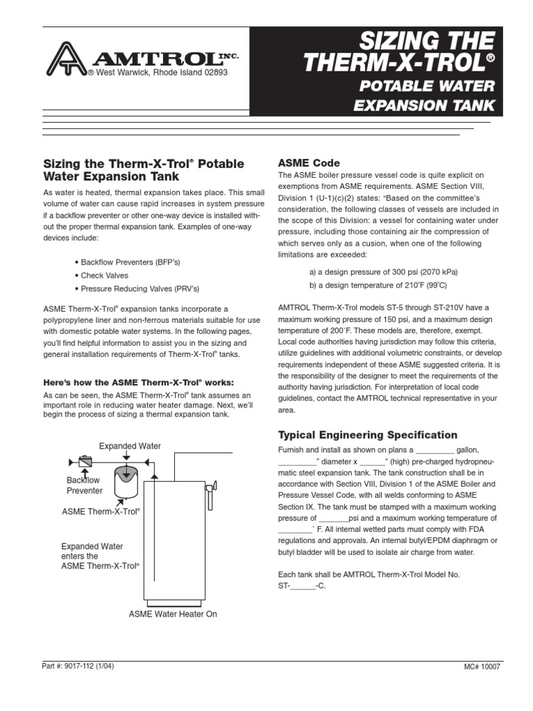 Sizing The Expansion Tank (ThermXTrol PW) PDF Water Heating Hvac