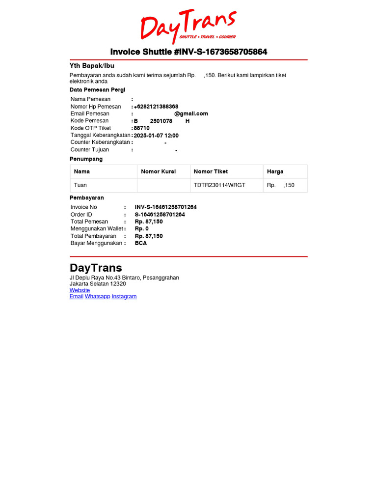 Daytrans: Invoice Shuttle #Inv-S-1673658705864 | PDF