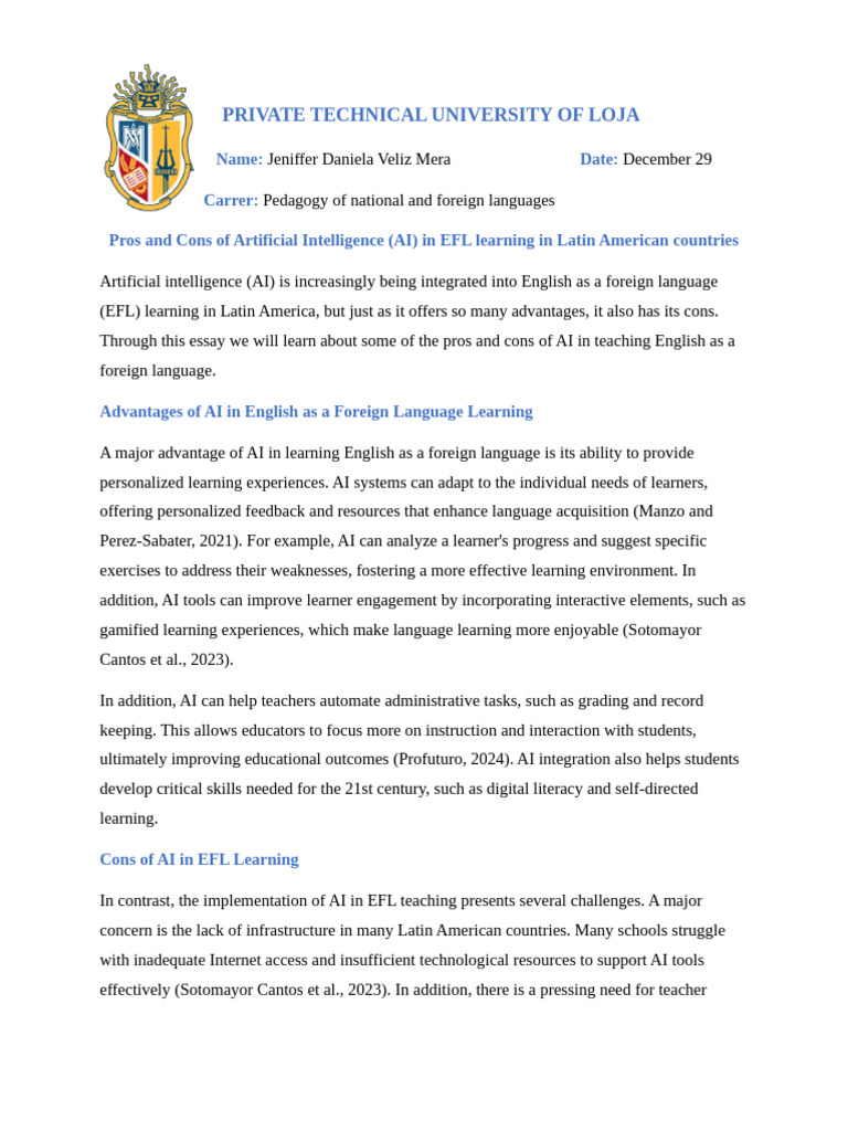 AI in EFL Learning: Pros and Cons | PDF | English As A Second Or ...