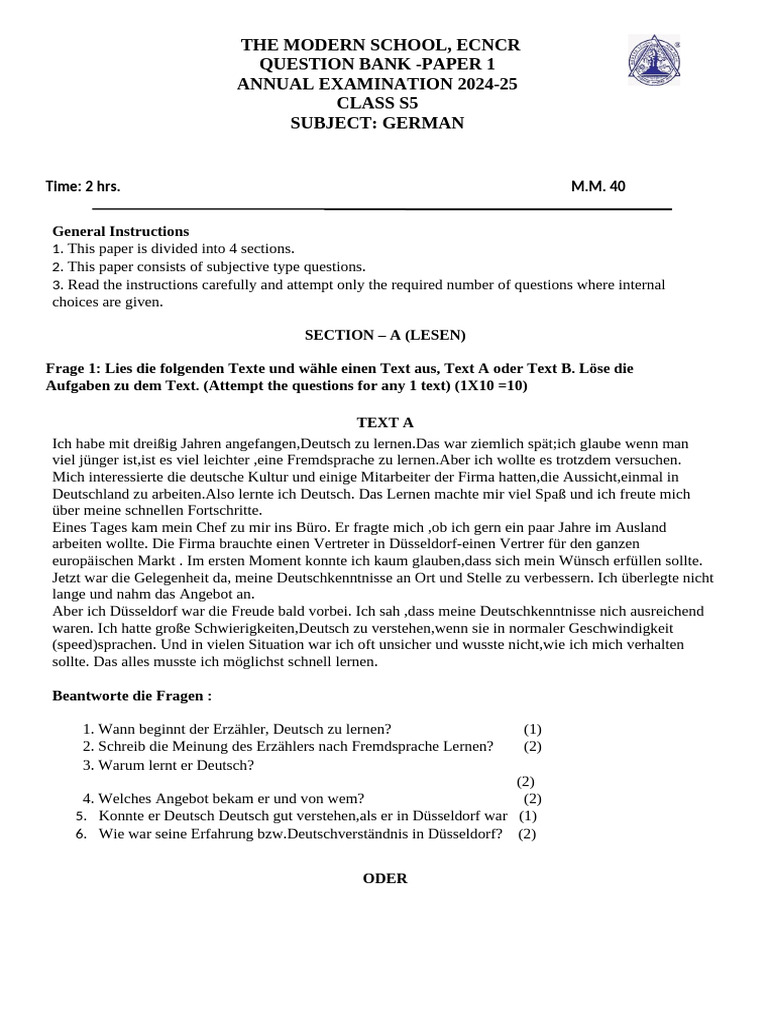 S5 German Question Bank Paper 1 AE | PDF