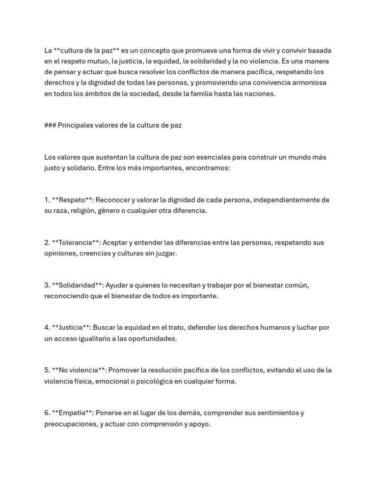 Cultura de la Paz: Valores y Acciones Estudiantiles | PDF | Inclusión ...
