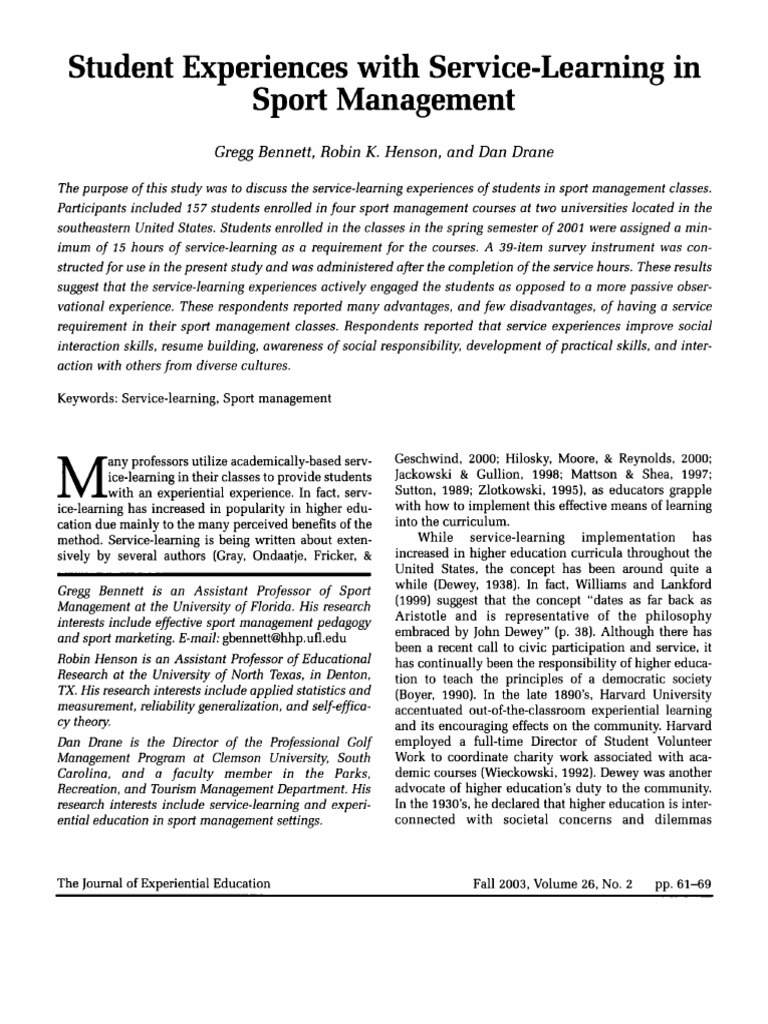 Bennett Et Al 2003 Student Experiences With Service Learning in Sport ...