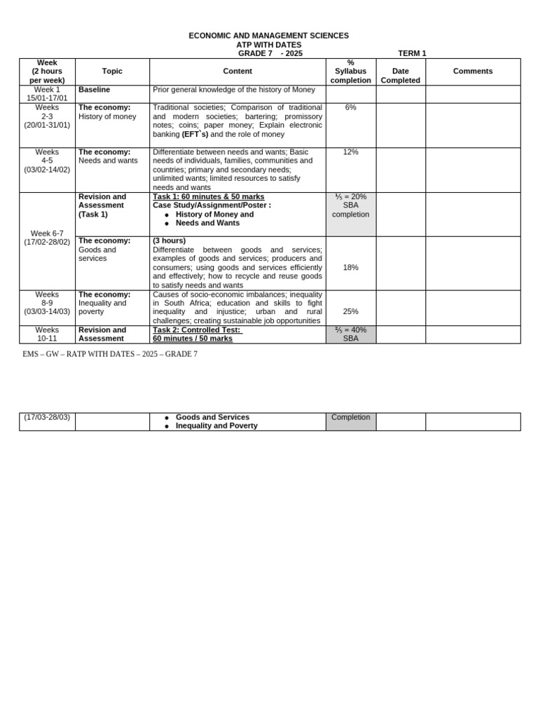 Grade 7 EMS Term 1 Overview 2025 | PDF | Economies