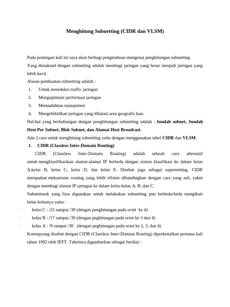 Penghitungan Subnetting CIDR dan VLSM | PDF