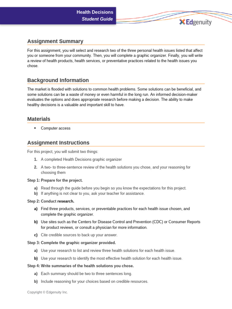 Project - Health Decisions - Student | PDF