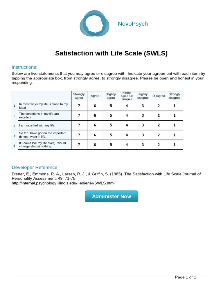 Satisfaction with Life Scale Assessment | PDF