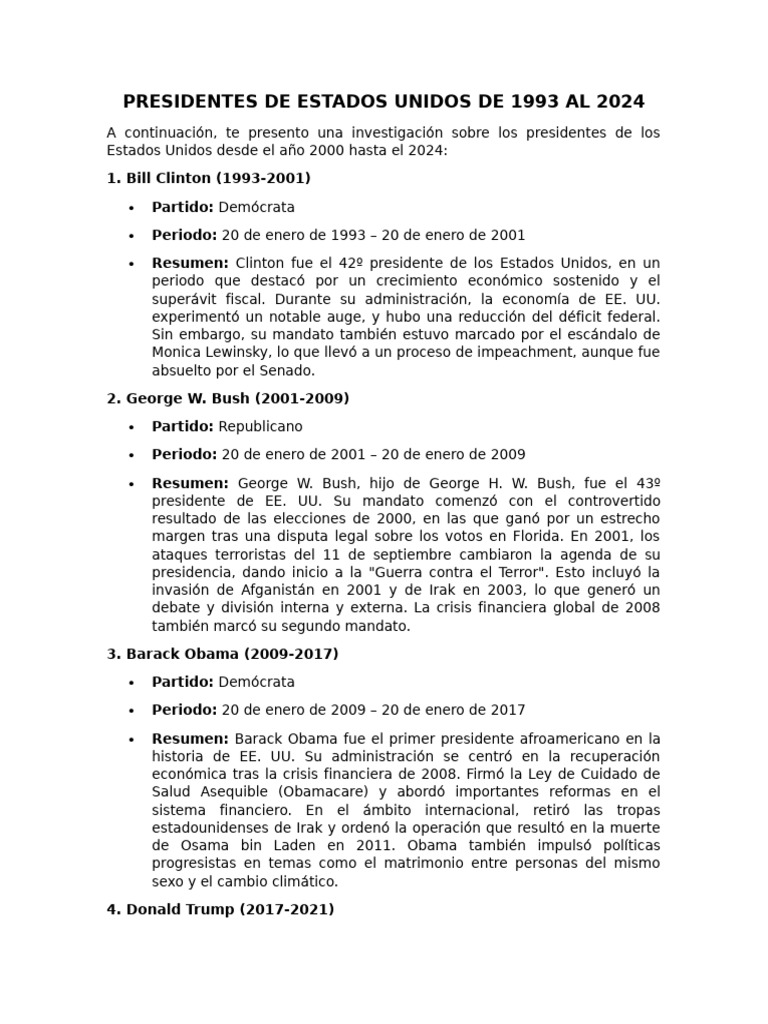 Presidentes de Estados Unidos de 1993 Al 2024 | PDF | Barack Obama ...